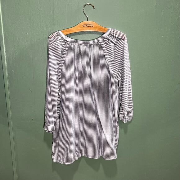 Liz Claiborne Navy White Striped Metallic Thread Tunic Top Size L Peasant Blouse - Picture 3 of 9